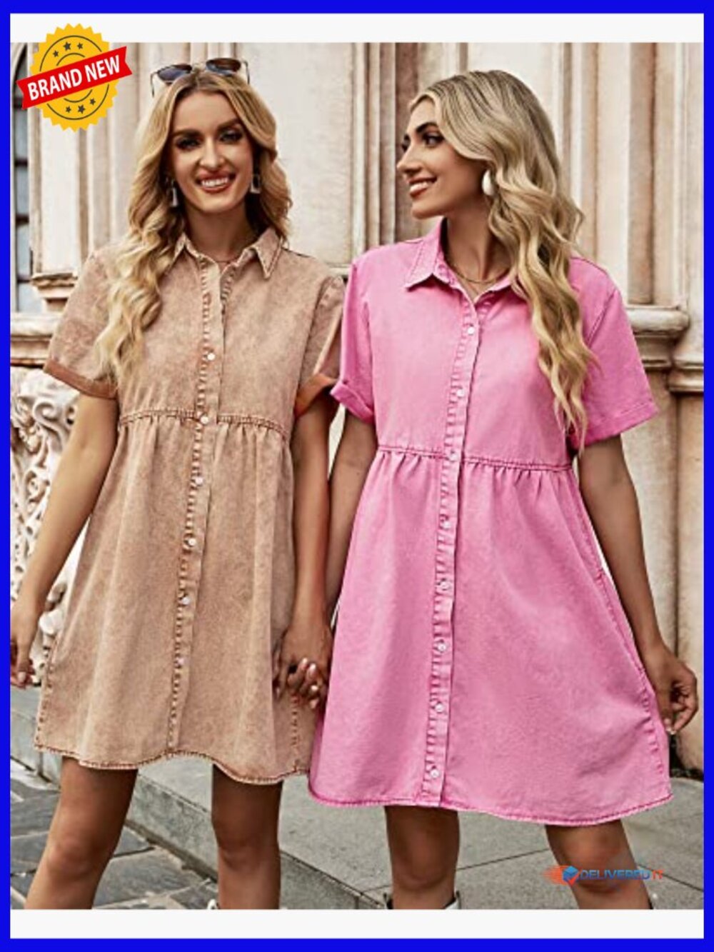 Short Sleeve Button Down Flowy Tiered Babydoll Denim Dress - Picture 6 of 7